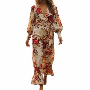 Karen T Design JUMPSUIT Floral Boho Cottagecore Balloon Sleeves Wide Leg XL